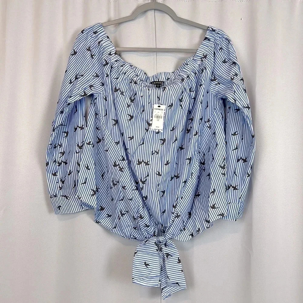 NWT Express Striped Bird Print Off the Shoulder Women’s Large‎ Top
